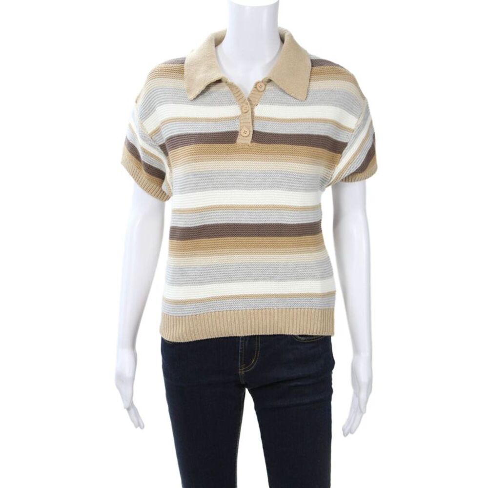 Gab kate Unisex Beige Striped Collared Short Sleeve Pullover Sweater Size XS